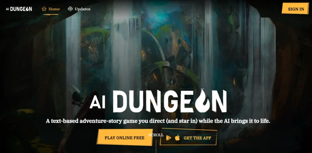 The image displays the homepage of AI Dungeon, a text-based adventure-story game. The title "AI Dungeon" is prominently displayed in bold white text, with a flame icon integrated into the letter "O."

The tagline underneath reads: "A text-based adventure-story game you direct (and star in) while the AI brings it to life." Below the tagline, there are two call-to-action buttons in a yellow box: "Play Online Free" and "Get the App," with app icons for both Android and Apple.

In the background, there is an immersive, fantasy-like image with a dark environment featuring a waterfall and large mechanical elements, creating a mysterious and adventurous atmosphere. At the top-right corner, there is a yellow "Sign In" button. The top-left corner includes the AI Dungeon logo, with navigation links to Home and Updates.