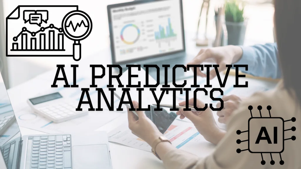 AI Predictive Analytics with Data Visualization and AI Chip Graphic on a Digital Tablet