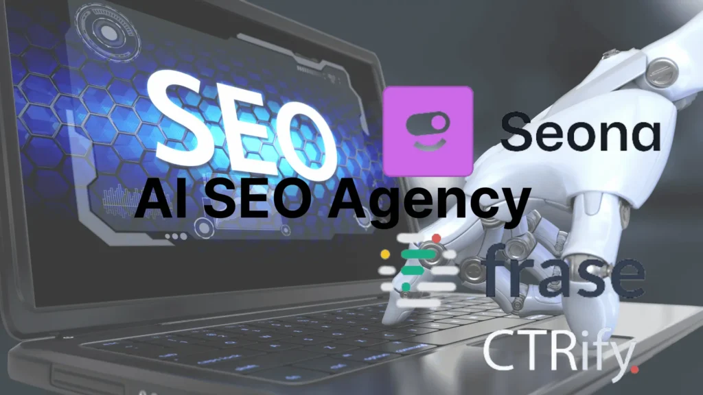 The image appears to showcase a concept related to AI-powered SEO agencies. It features a robotic hand interacting with a laptop keyboard, symbolizing automation or AI technology. The large text "SEO AI SEO Agency" is prominently displayed, indicating the focus on AI-driven SEO services. Additionally, the logos of various SEO tools or companies, such as "Seona," "Frase," and "CTRify," are shown, highlighting relevant platforms used in AI-driven SEO strategies. The background consists of a tech-themed interface, reinforcing the idea of technology and artificial intelligence in digital marketing.