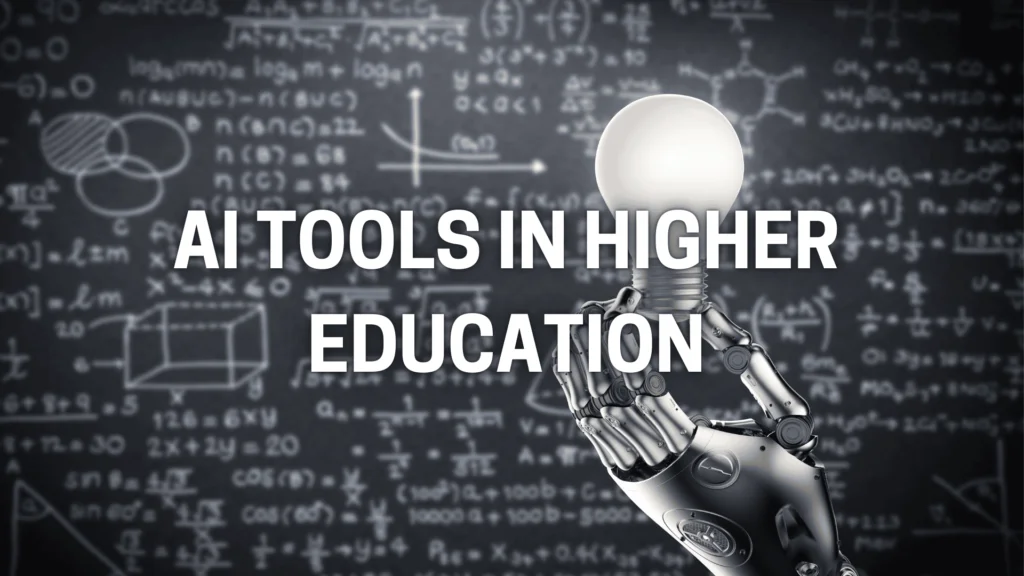 A robot holds a light bulb in a classroom, symbolizing AI tools enhancing higher education, with a chalkboard in the background.