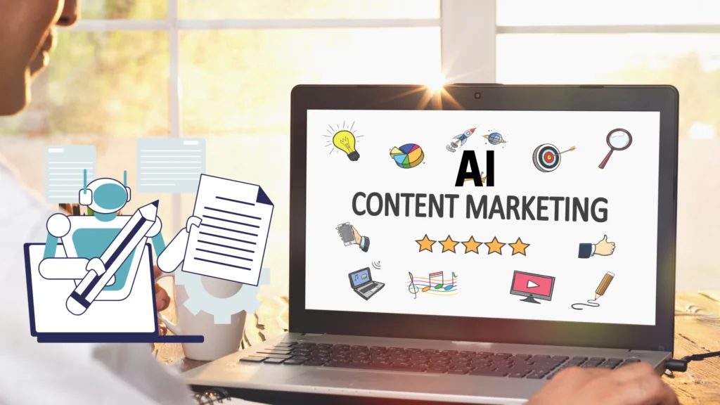 Illustration of a robot writing content on a laptop screen with 'AI Content Marketing' displayed, surrounded by various icons related to marketing and technology