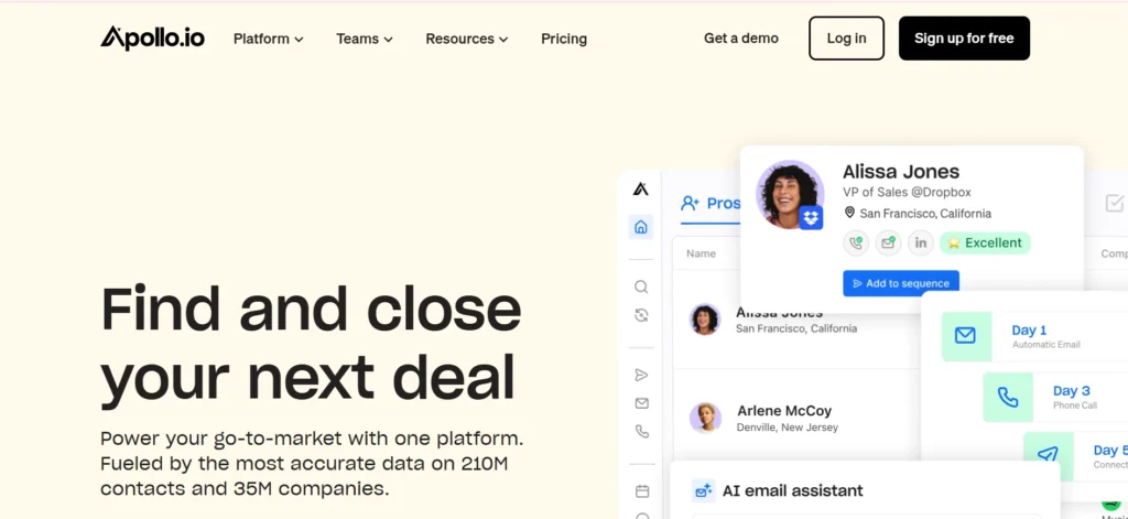 Screenshot of Apollo.io's homepage, showcasing a prospecting platform interface with features like contact details, automated email sequences, and tools for closing deals.