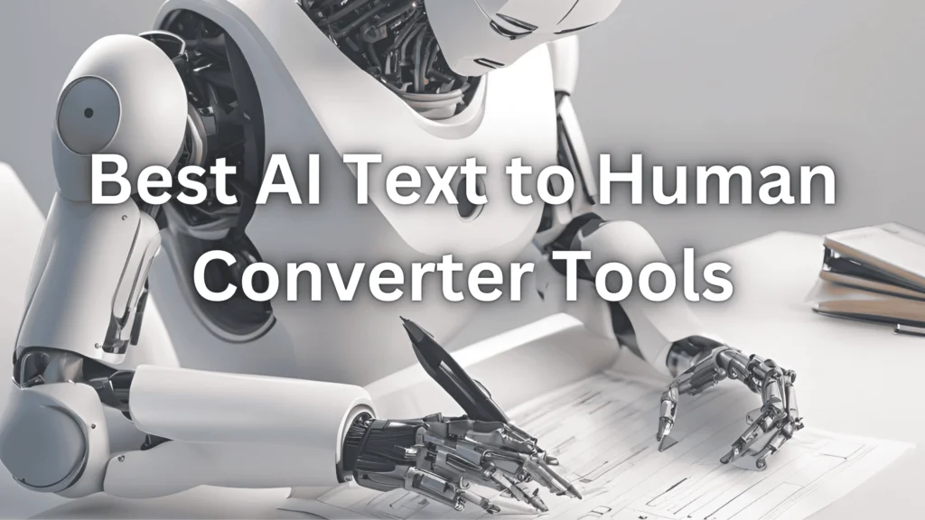 An AI robot engaged in writing on paper, representing top tools for converting text to human-like language.