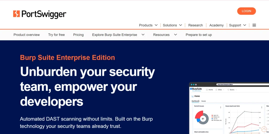 Screenshot of PortSwigger's Burp Suite Enterprise Edition webpage, highlighting security solutions.