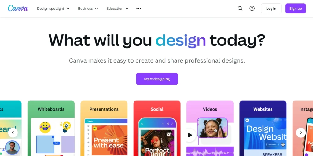 The image displays a webpage from Canva with the headline "What will you design today?" The text below emphasizes that Canva makes it easy to create and share professional designs. A prominent purple button invites users to "Start designing."

Below this, various design categories are shown, including:

Whiteboards
Presentations
Social
Videos
Websites
Instagram posts
Each category is represented by a colorful card featuring an example of what can be created using Canva. The navigation bar at the top provides options for Design spotlight, Business, Education, and additional resources, along with Log in and Sign up buttons. The design is colorful, clean, and visually engaging, appealing to users looking to create diverse types of visual content.