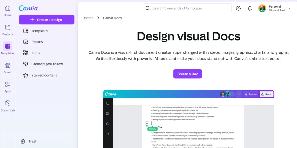 "Screenshot of Canva Docs interface showcasing the design and functionality of their visual-first document creator. The interface highlights tools for integrating videos, images, graphics, and charts into documents, with a purple 'Create a Doc' button prominently displayed. The left-hand sidebar features menu options such as Templates, Photos, and Icons, while the main content area provides an example of a professional document layout enhanced with AI-powered tools."