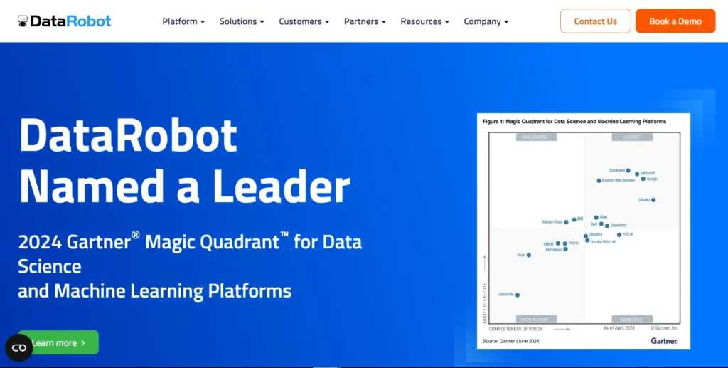 The image displays a webpage from DataRobot, showcasing that they have been named a leader in the "2024 Gartner® Magic Quadrant™ for Data Science and Machine Learning Platforms." The visual includes a quadrant chart highlighting DataRobot's position among other major platforms. There are buttons on the screen labeled "Learn more," "Contact Us," and "Book a Demo," indicating options for further engagement. The page is branded with the DataRobot logo and emphasizes their leadership in the field of data science and machine learning.