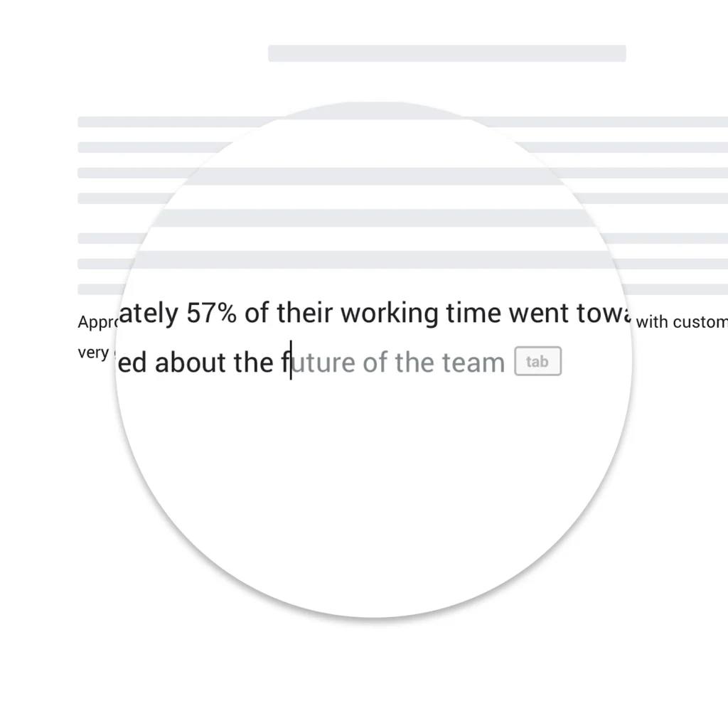 The image shows a text editing tool or a document formatting software. It focuses on a section of the text, likely highlighting part of the content in a circular magnified view, with a focus on the words "future of the team." There is also a placeholder for a tab, suggesting it might be referring to a part of the document that is editable or needs further attention.