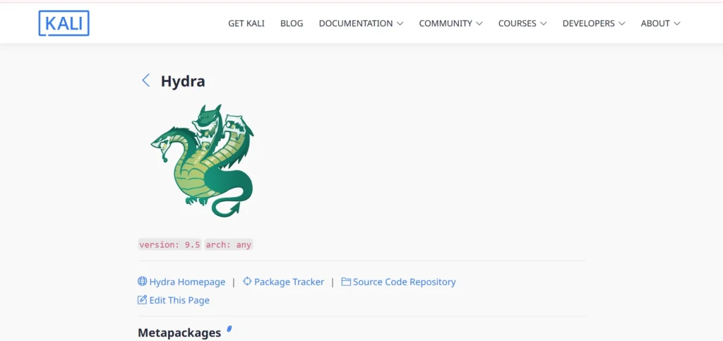 Webpage screenshot displaying 'Kali Linux' logo and a Hydra tool icon with the text 'version: 9.5 arch: any'.