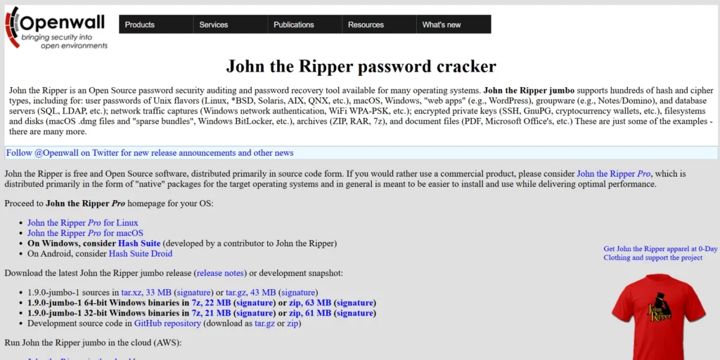 Screenshot of Openwall's website featuring John the Ripper password cracker information and downloads.