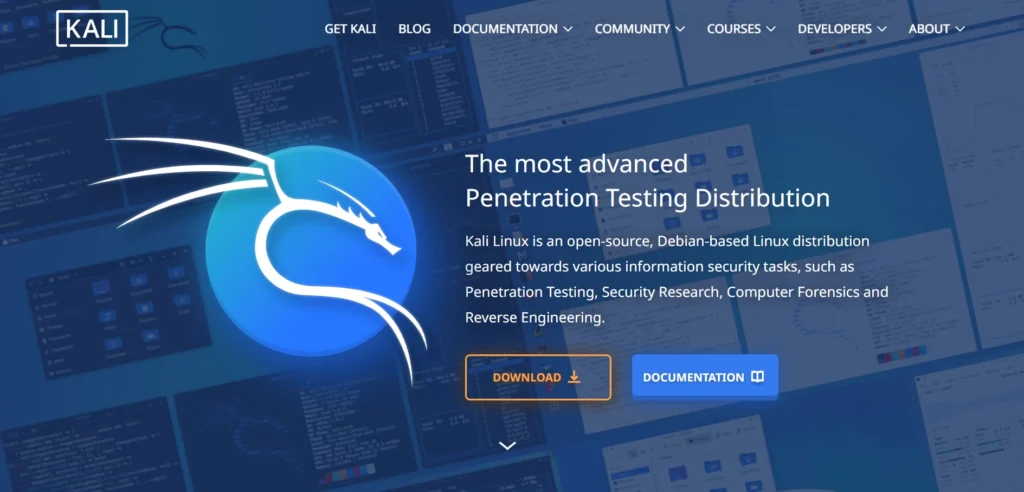 Homepage of Kali Linux website with logo, download button, and description of the OS.