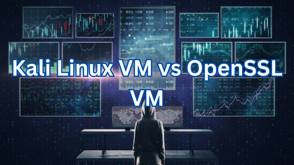 "Illustration of a cybersecurity professional analyzing multiple digital data screens, with the text 'Kali Linux VM vs OpenSSL VM' prominently displayed in bold blue font."