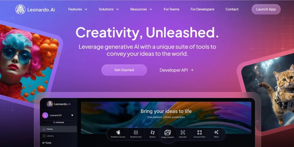 Homepage of Leonardo.AI with the tagline 'Creativity, Unleashed' displayed on a purple gradient background. The website promotes generative AI tools for creative projects, with a 'Get Started' button and 'Developer API' link. The page also features images, including a stylized portrait of a person with vibrant hair and sunglasses, and a space-themed image of a cat in a spacesuit.