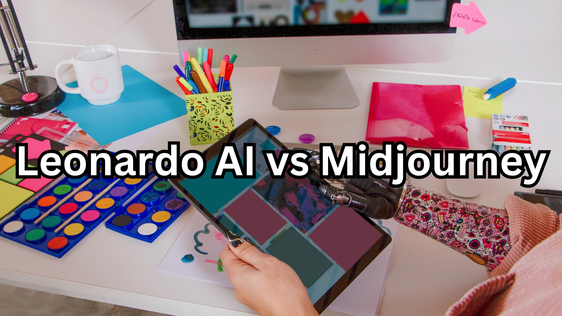 Comparison between Leonardo AI and Midjourney. The image shows a workspace with art supplies, including watercolor palettes, markers, and colored paper on a desk. A tablet displaying color swatches is held by a person with a prosthetic hand decorated with vibrant designs. The text 'Leonardo AI vs Midjourney' is prominently displayed over the image.