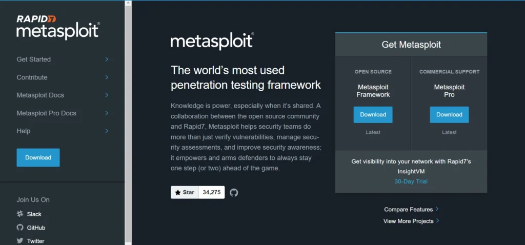 The image shows the homepage of **Metasploit**, a popular penetration testing framework by Rapid7. It has a dark-themed design with options on the left for **Get Started**, **Contribute**, **Metasploit Docs**, **Metasploit Pro Docs**, and **Help**. A prominent blue **Download** button is located on the left. 

The main content highlights Metasploit as "The world’s most used penetration testing framework," with a description emphasizing its role in vulnerability verification, security assessments, and awareness. On the right, users can choose between the **Metasploit Framework** (open-source) or **Metasploit Pro** (commercial support), each with its own download button. Additional features like a **30-Day Trial** for Rapid7's InsightVM and links for comparing features or exploring more projects are provided below. Social links for Slack, GitHub, and Twitter appear at the bottom.