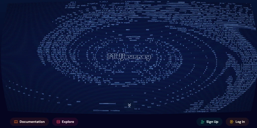 Midjourney homepage featuring an ASCII art animation with text forming concentric spiral patterns on a dark blue background. The Midjourney logo is centered within the pattern, and navigation options at the bottom include 'Documentation,' 'Explore,' 'Sign Up,' and 'Log In.'