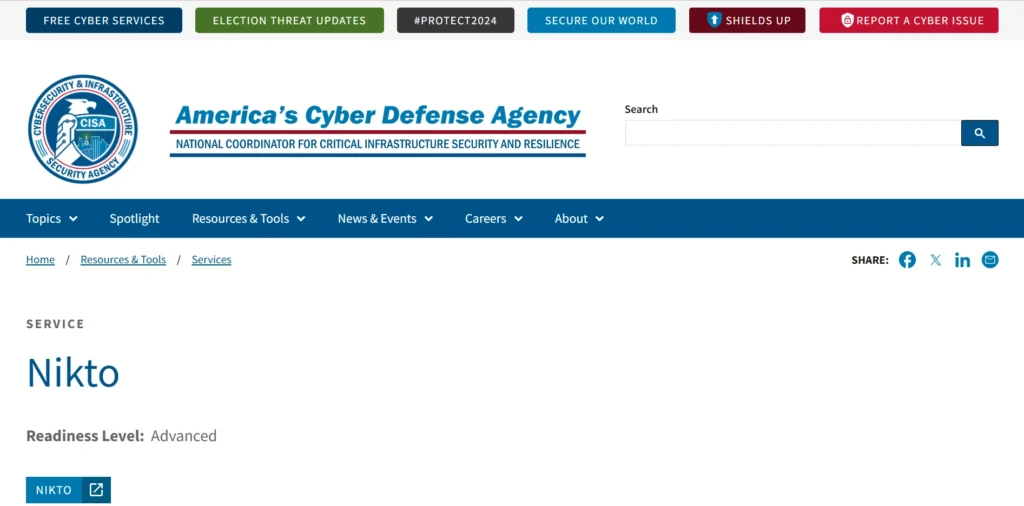 Screenshot of the CISA website highlighting a cybersecurity service named "Nikto" with an "Advanced" readiness level.