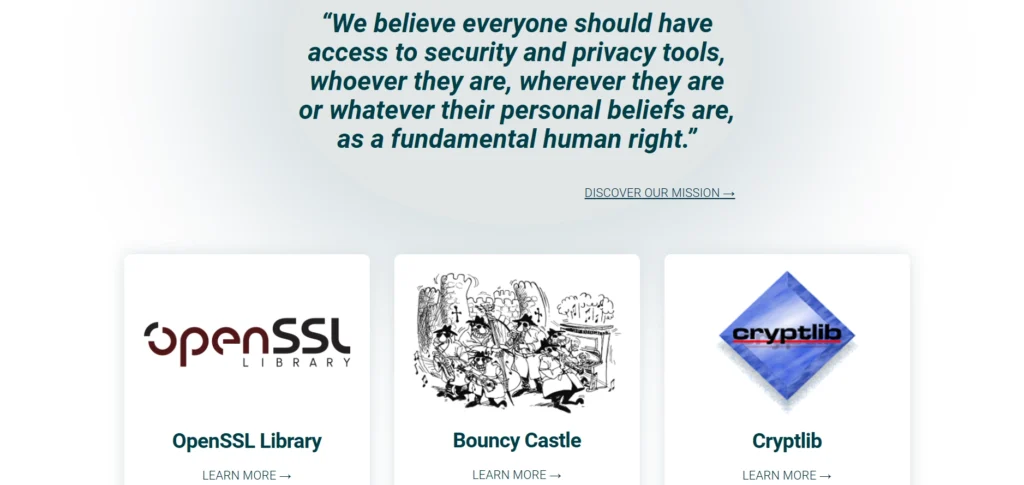 The image contains a quote: *"We believe everyone should have access to security and privacy tools, whoever they are, wherever they are, or whatever their personal beliefs are, as a fundamental human right."* Below it, there are sections with three highlighted tools or libraries:

1. **OpenSSL Library** - A button below says "LEARN MORE →".
2. **Bouncy Castle** - A button below says "LEARN MORE →".
3. **Cryptlib** - A button below says "LEARN MORE →".

There is also a link labeled "DISCOVER OUR MISSION →" above these sections.