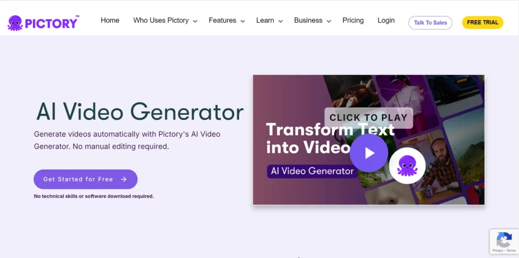 The image showcases a page from "Pictory," a platform offering an AI video generator. The headline emphasizes "AI Video Generator" with a subtext explaining that users can "Generate videos automatically with Pictory's AI Video Generator," requiring no manual editing. A call-to-action button invites users to "Get Started for Free," stating that no technical skills or software downloads are required. The page also highlights features like video transformation from text and includes navigation links for "Home," "Who Uses Pictory," "Features," "Learn," "Business," "Pricing," "Login," and buttons for "Talk to Sales" and "Free Trial."