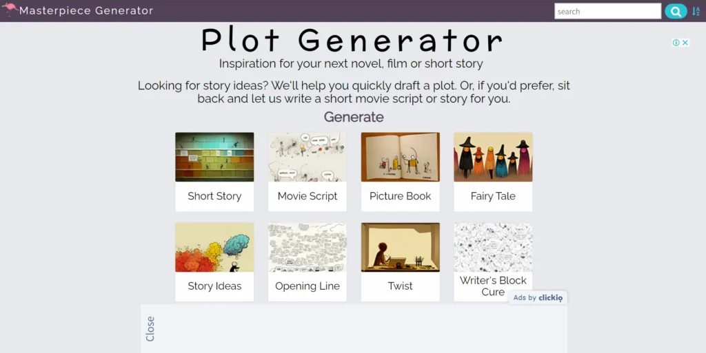 The image shows a page from the "Masterpiece Generator" website, which helps users generate story ideas for various types of creative writing projects. The title at the top reads "Plot Generator" with the subtitle "Inspiration for your next novel, film or short story".

The text below says: "Looking for story ideas? We'll help you quickly draft a plot. Or, if you'd prefer, sit back and let us write a short movie script or story for you."

Underneath, there is a section titled "Generate" with options for different types of story formats:

Short Story
Movie Script
Picture Book
Fairy Tale
Story Ideas
Opening Line
Twist
Writer's Block Cure
Each option is accompanied by a small image that visually represents the type of story or prompt that can be generated. The overall design is clean with a focus on the options for generating creative content.