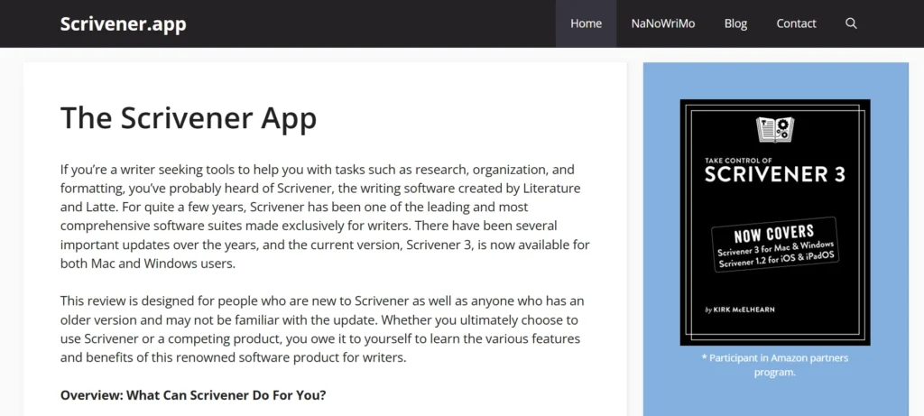 The image is of a webpage about "The Scrivener App," specifically discussing Scrivener 3. Here's a possible alt text for the image:

"The Scrivener App webpage showcasing information about Scrivener 3, a writing software for Mac, Windows, and iOS. The left side of the page features text describing the software's features, updates, and purpose. The right side displays a promotional image of a book titled 'Take Control of Scrivener 3' by Kirk McElhearn, highlighting its coverage of Scrivener 3 for Mac and Windows, and Scrivener 1.2 for iOS & iPadOS. A note below mentions participation in the Amazon partners program."