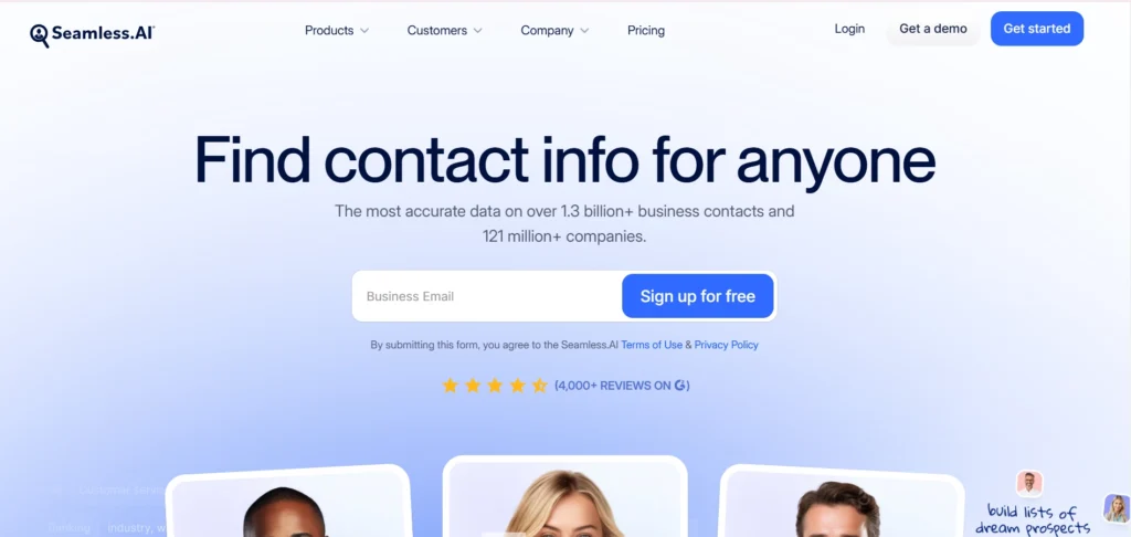 Homepage of Seamless.AI featuring the tagline 'Find contact info for anyone,' with a sign-up form for free access, showcasing accurate business data on over 1.3 billion contacts and 121 million companies.