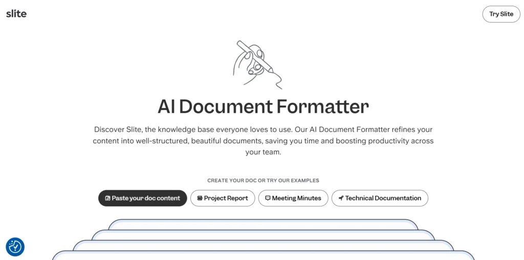 The image displays a webpage for an AI Document Formatter tool called Slite. It introduces the service, stating that it refines your content into well-structured, beautiful documents, boosting productivity and saving time for teams. Users are prompted to paste their document content or try examples related to Project Reports, Meeting Minutes, and Technical Documentation. There are also buttons for creating a document or exploring specific examples.