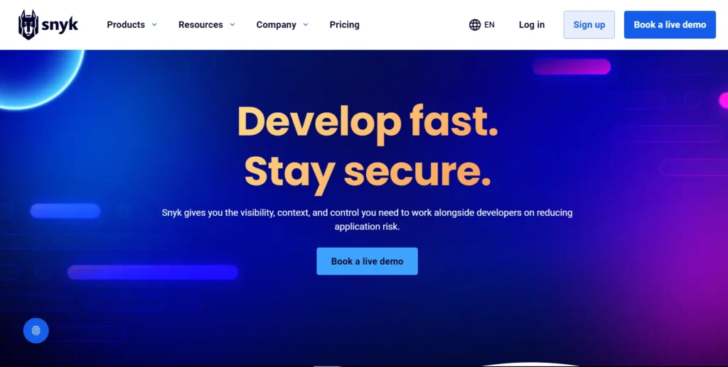 The image displays the homepage of Snyk, a platform focused on security for developers. The headline reads "Develop fast. Stay secure." The accompanying text explains that Snyk provides visibility, context, and control to help developers reduce application risk. Below the text, there is a prominent button labeled "Book a live demo" inviting users to explore the platform's offerings.

The top navigation bar includes links for Products, Resources, Company, and Pricing, along with options to Log in, Sign up, and Book a live demo. The design uses a sleek, dark blue background with contrasting orange text, creating a modern, tech-focused aesthetic. The page emphasizes speed, security, and collaboration in application development.