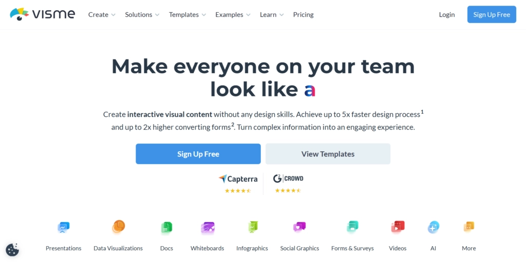 Visme homepage showcasing its tagline, 'Make everyone on your team look like a pro,' highlighting interactive visual content creation tools with options to sign up for free or view templates. Icons for various solutions like presentations, data visualizations, infographics, and more are displayed at the bottom.