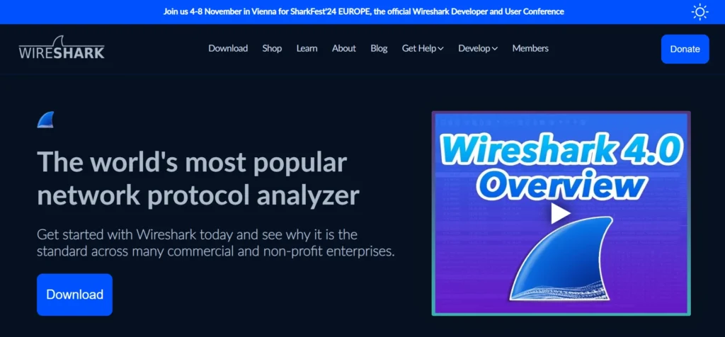 "Homepage of Wireshark, the world's most popular network protocol analyzer, featuring a dark theme. A prominent headline reads, 'The world's most popular network protocol analyzer,' with a call to action: 'Get started with Wireshark today and see why it is the standard across many commercial and non-profit enterprises.' Below this, a blue 'Download' button invites users to install the software. On the right, a colorful thumbnail labeled 'Wireshark 4.0 Overview' includes a shark fin graphic and a play button, suggesting a video overview. The top navigation bar includes links for Download, Shop, Learn, About, Blog, and more, along with a Donate button."