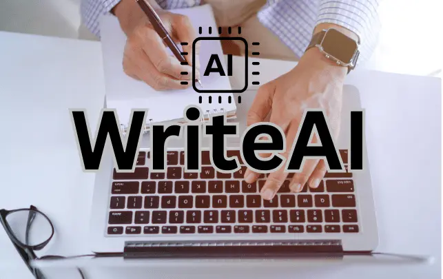 The image shows a person writing on a notepad while using a laptop. The focus is on the hands and keyboard. The text "WriteAI" is prominently displayed in the foreground, with the "AI" symbol above it. There are also a pair of glasses resting beside the laptop.