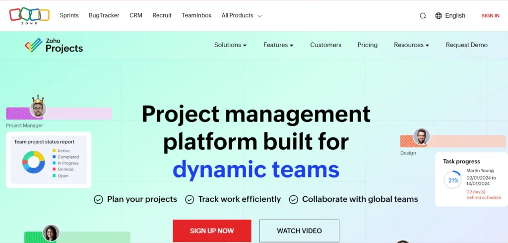 The image shows a webpage from Zoho Projects, promoting its project management platform designed for "dynamic teams." The headline emphasizes the platform's capability for planning projects, tracking work efficiently, and collaborating with global teams. There are visual elements, including a team project status report with different task categories and task progress for individual team members. The page includes two clear call-to-action buttons: "Sign Up Now" and "Watch Video." The overall message highlights Zoho Projects as an all-in-one project management tool suitable for teams looking to streamline their workflows.