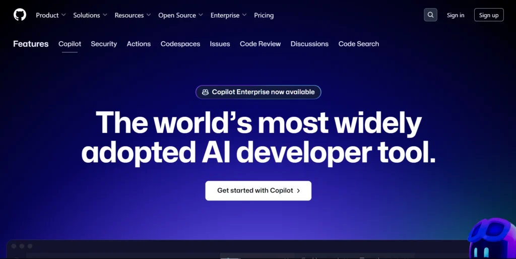 The image shows the homepage of GitHub Copilot, with the bold tagline stating, "The world’s most widely adopted AI developer tool." Below the tagline, there is a prominent button labeled "Get started with Copilot" inviting users to begin using the service. A banner near the top announces that "Copilot Enterprise is now available."

The navigation bar at the top includes links to Product, Solutions, Resources, Open Source, Enterprise, and Pricing, along with Sign In and Sign Up buttons in the upper-right corner. The design uses a dark blue background and features the GitHub Copilot branding, emphasizing the platform's AI capabilities for developers.