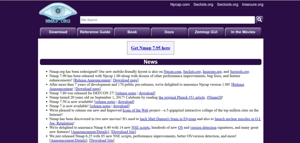 The image depicts the homepage of **Nmap.org**, which features a dark purple background. The header includes options like "Download," "Reference Guide," "Book," "Docs," and "Zenmap GUI." There is a highlighted button for downloading Nmap version 7.95. Below, the "News" section lists announcements about updates, features, and notable uses of Nmap, such as its mention in movies like *Elysium* and *G.I. Joe: Retaliation*.