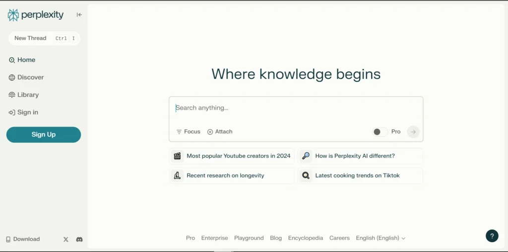 The image displays the homepage of Perplexity AI with the tagline "Where knowledge begins." The main focus of the page is a search bar where users can "Search anything..." with the option to enable a Pro mode. There are also suggested searches below the bar, such as "Most popular YouTube creators in 2024" and "Recent research on longevity."

On the left side, the navigation menu includes options like Home, Discover, Library, and Sign in, along with a Sign Up button. The bottom of the page shows additional links like Pro, Enterprise, Playground, and Careers, as well as a download icon. The overall design is clean and minimalistic, emphasizing knowledge discovery and search functionality.