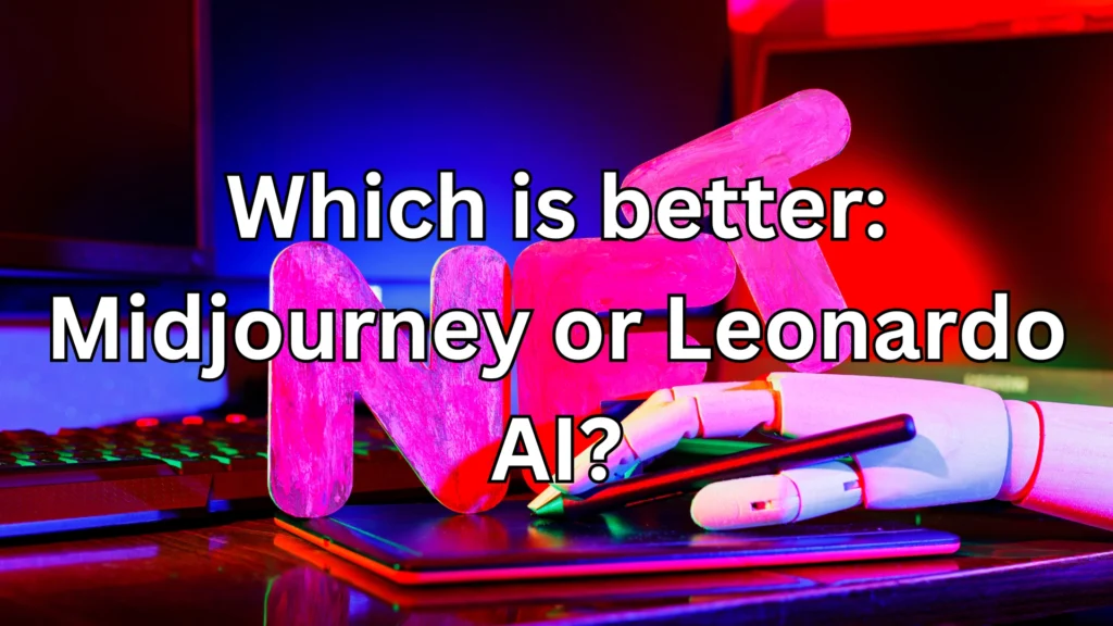 Comparison question asking 'Which is better: Midjourney or Leonardo AI?' displayed over a colorful, neon-lit background. The image features a wooden mannequin’s hand holding a stylus over a tablet, with a bold pink 'NEXT' sign in the background, set against a dark blue and red backdrop.